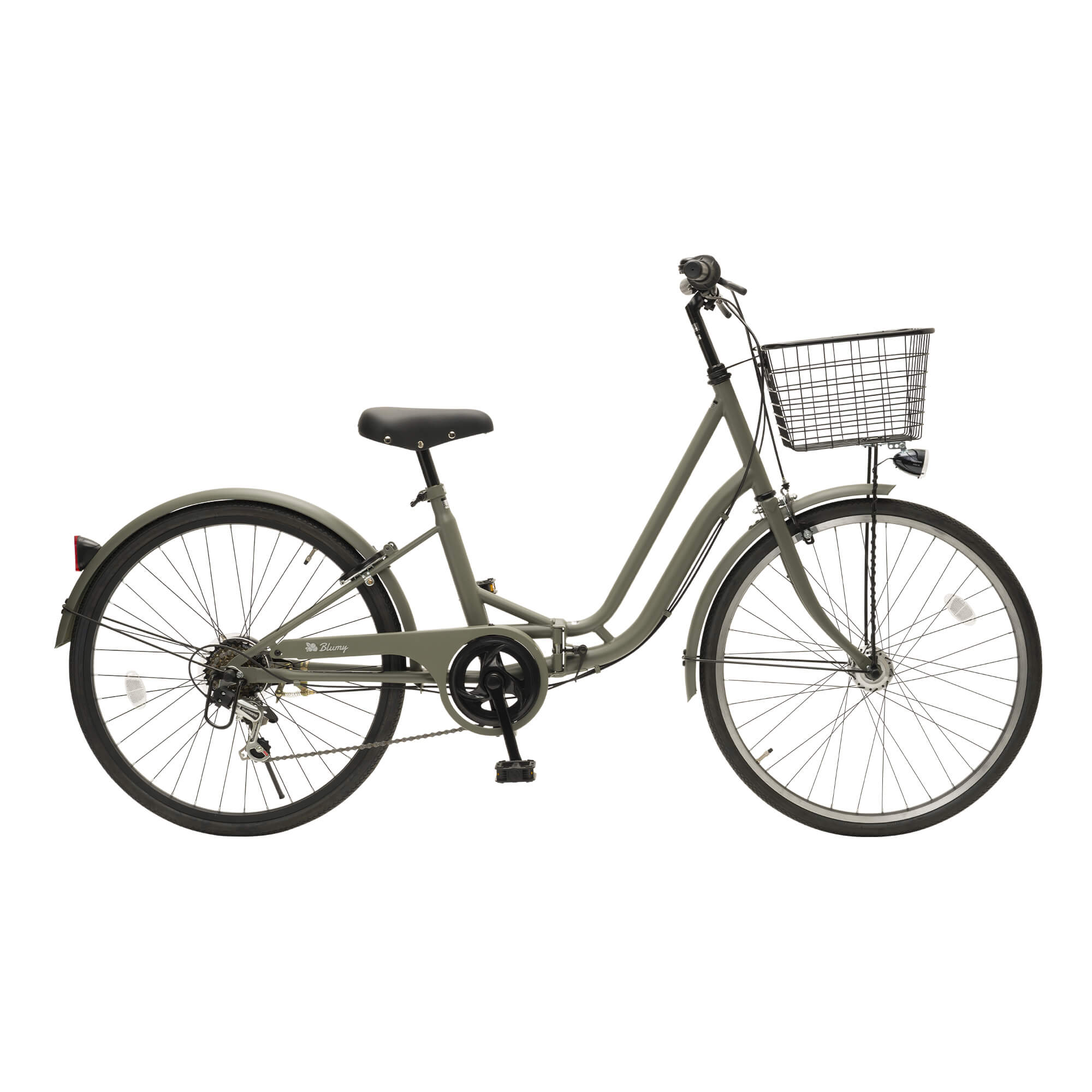 大人っぽさNo.1、マットオリーブの自転車の側面にはおしゃれなロゴマーク入り