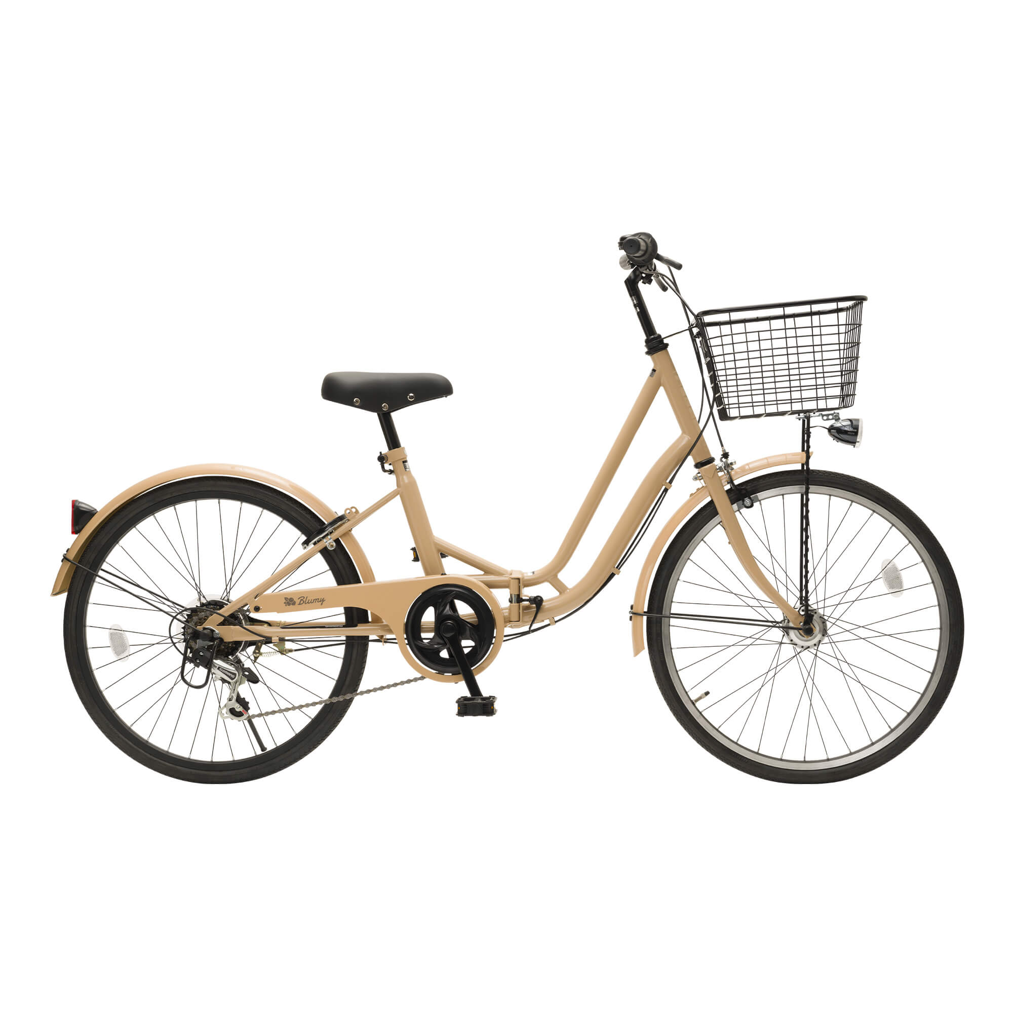 優しいオレンジが溶け込んだベージュの自転車の側面にはおしゃれなロゴマーク入り