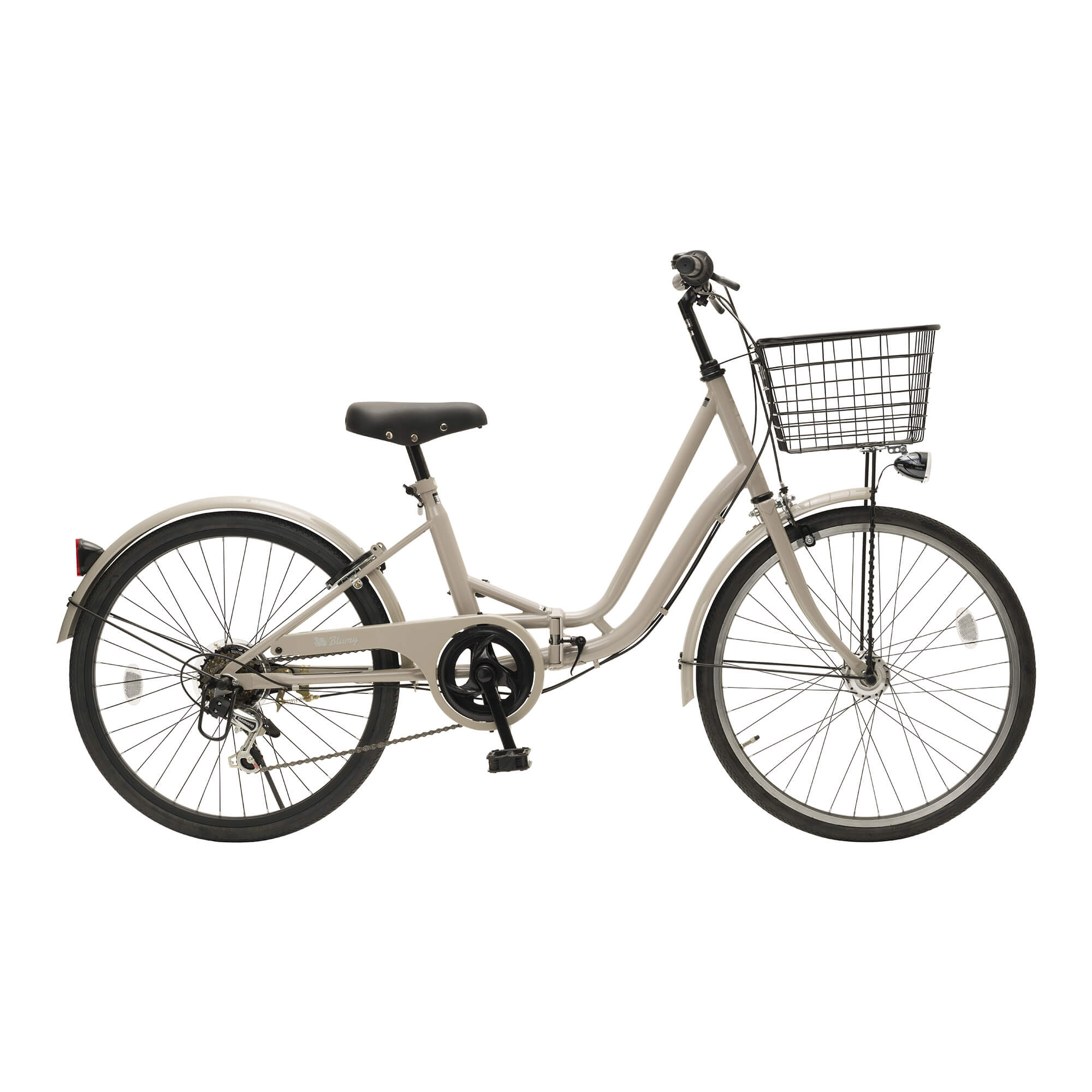 ニュアンスのあるグレーの自転車の側面にはおしゃれなロゴマーク入り