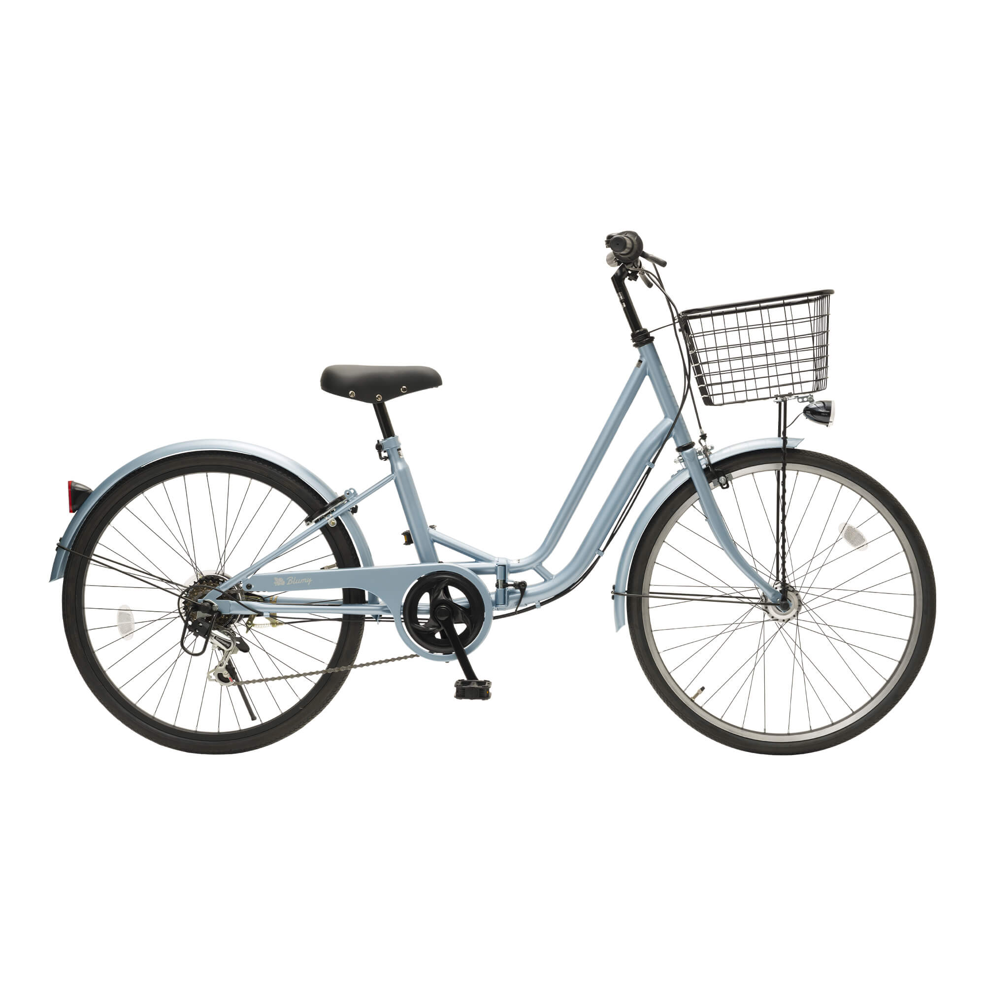 くすみブルーの自転車の側面にはおしゃれなロゴマーク入り